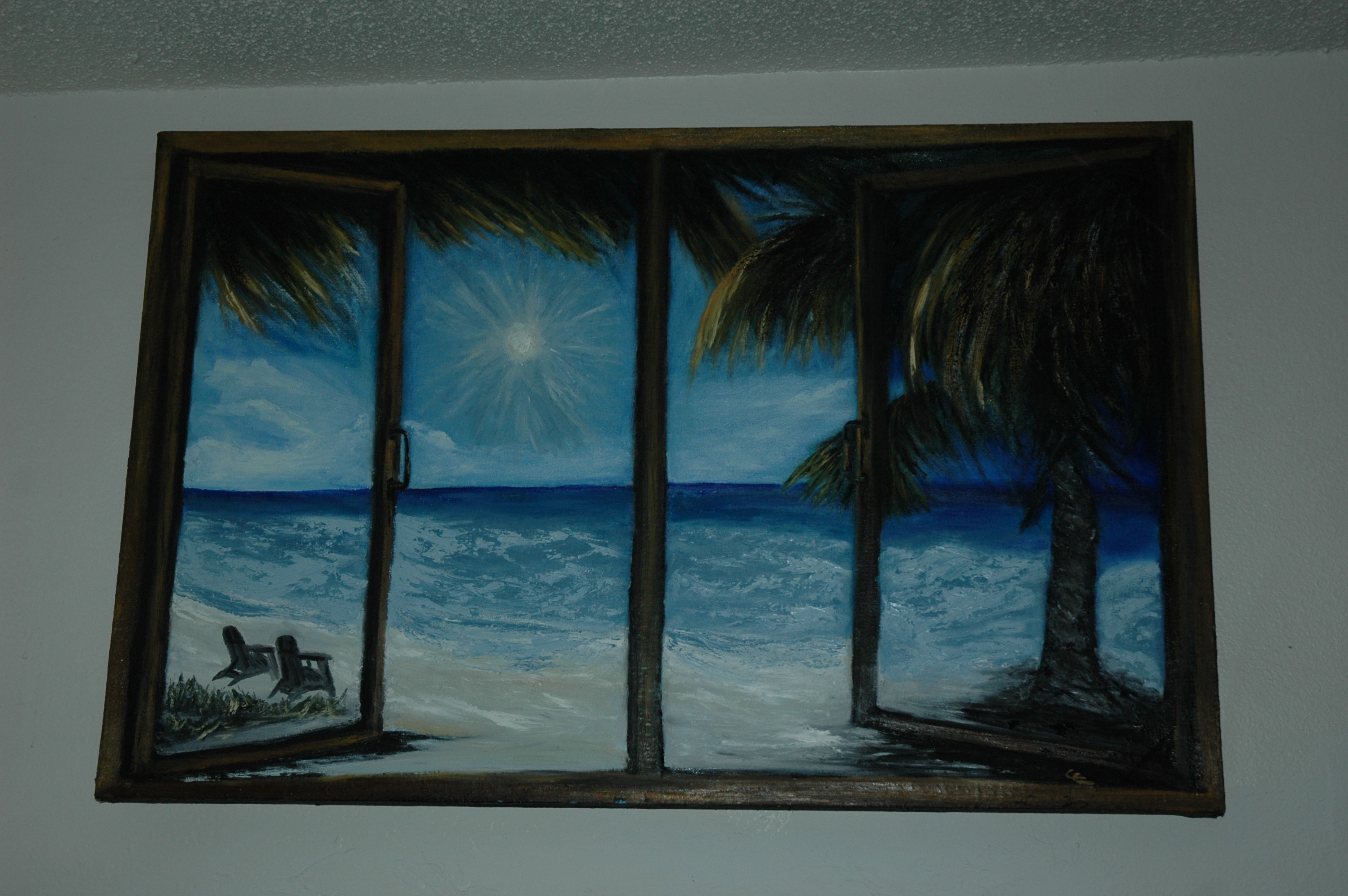 A painting of a beach through a window by Gail C. Chandler